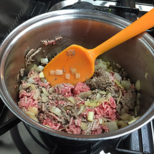 Cook the onion and brown the mince. Cook the onion and brown the mince.