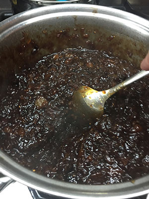 The chutney is ready when you can draw a spoon through the mixture and it leaves a trail that does not fill up with vinegar immediately. The chutney is ready when you can draw a spoon through the mixture and it leaves a trail that does not fill up with vinegar immediately.