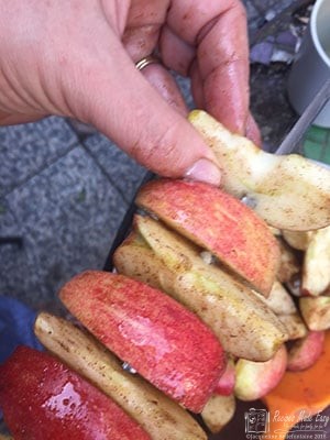 Thread the apple pieces onto 4 skewers. Thread the apple pieces onto 4 skewers.