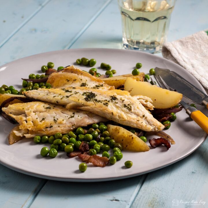 Sea bass with peas, bacon and potatoes | Recipes Made Easy